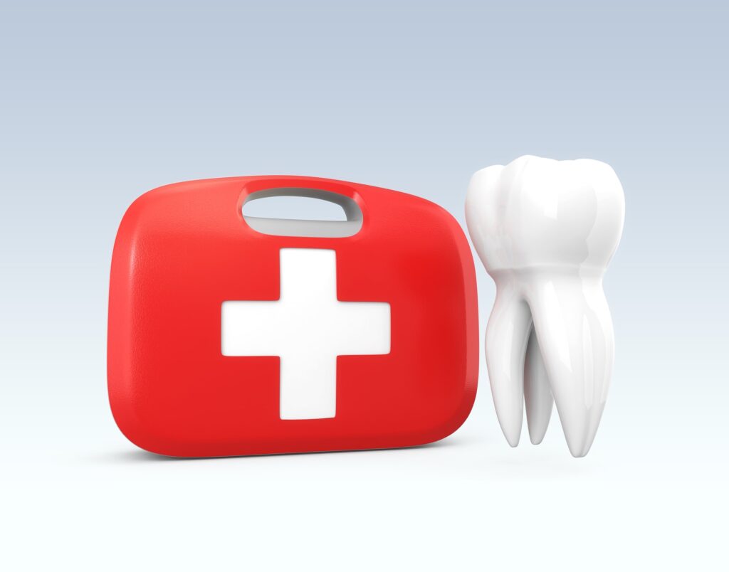 illustration of a tooth next to a first aid kid