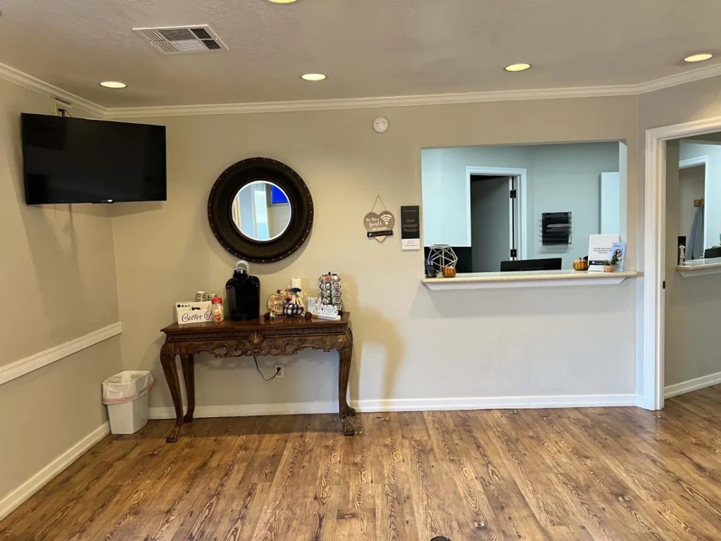 North Park Family Dental Edmond, OK lobby with television and coffee bar.